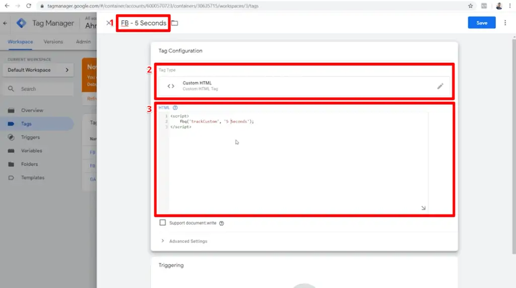 Screenshot of tag configuration settings with name, tag type, and HTML highlighted