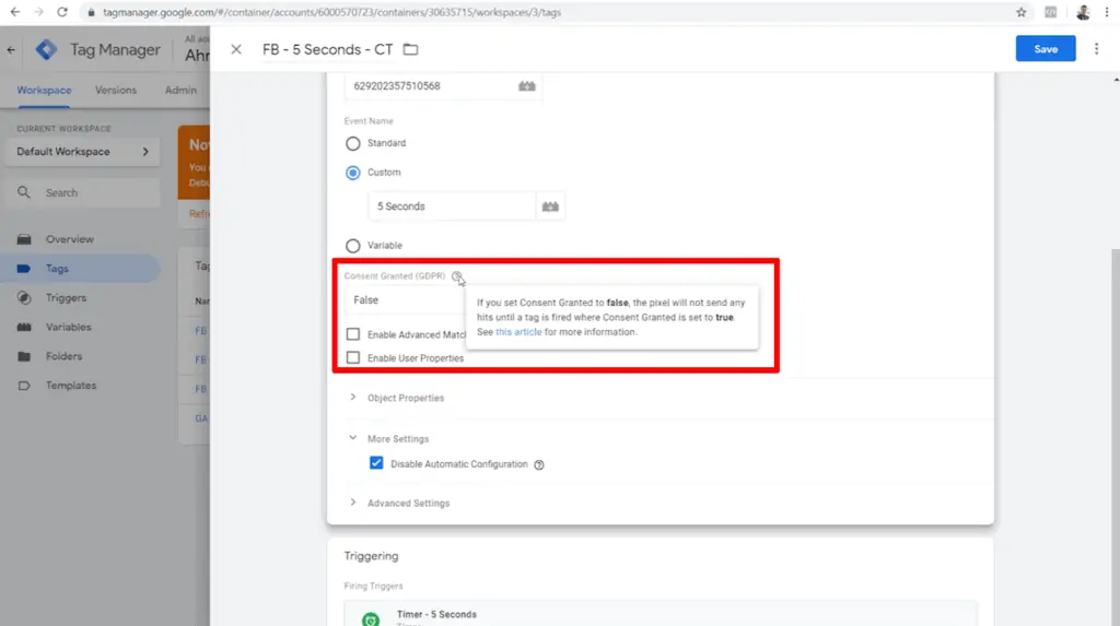 Screenshot of tag configuration with Consent Granted (GDPR) set to false