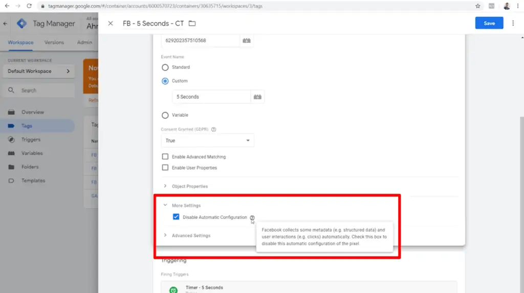 Screenshot of tag configuration with Disable Automatic Configuration box checked