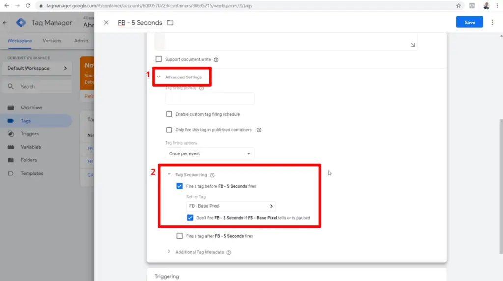 Screenshot of tag configuration with advanced settings and tag sequencing highlighted