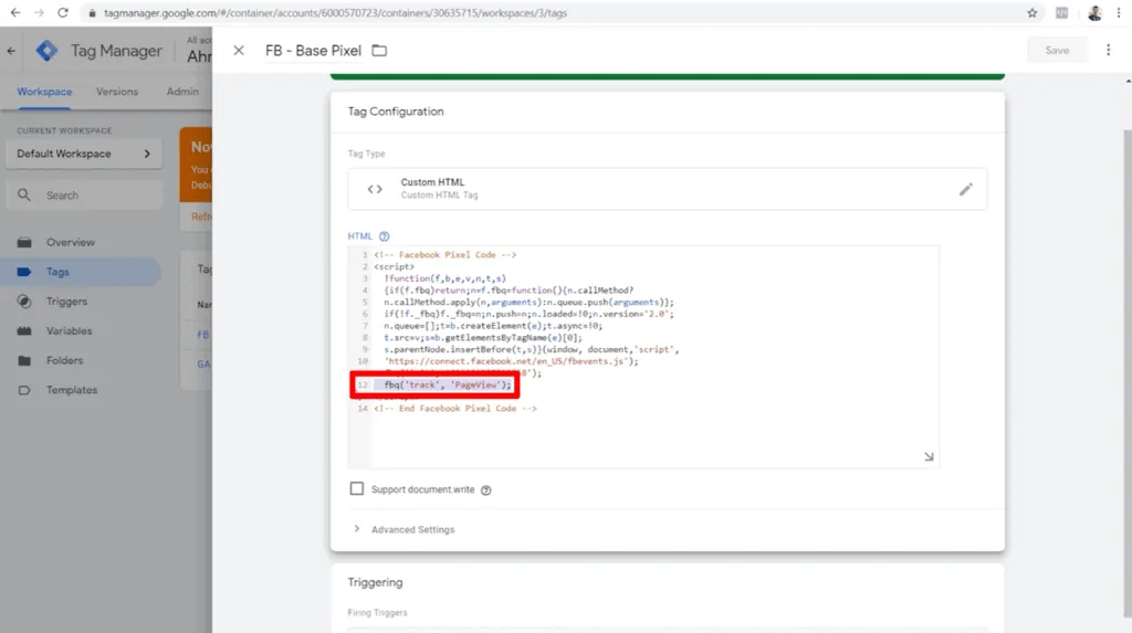 Screenshot of tag configuration with fbq(‘track’, ‘Pageview’); highlighted in HTML code