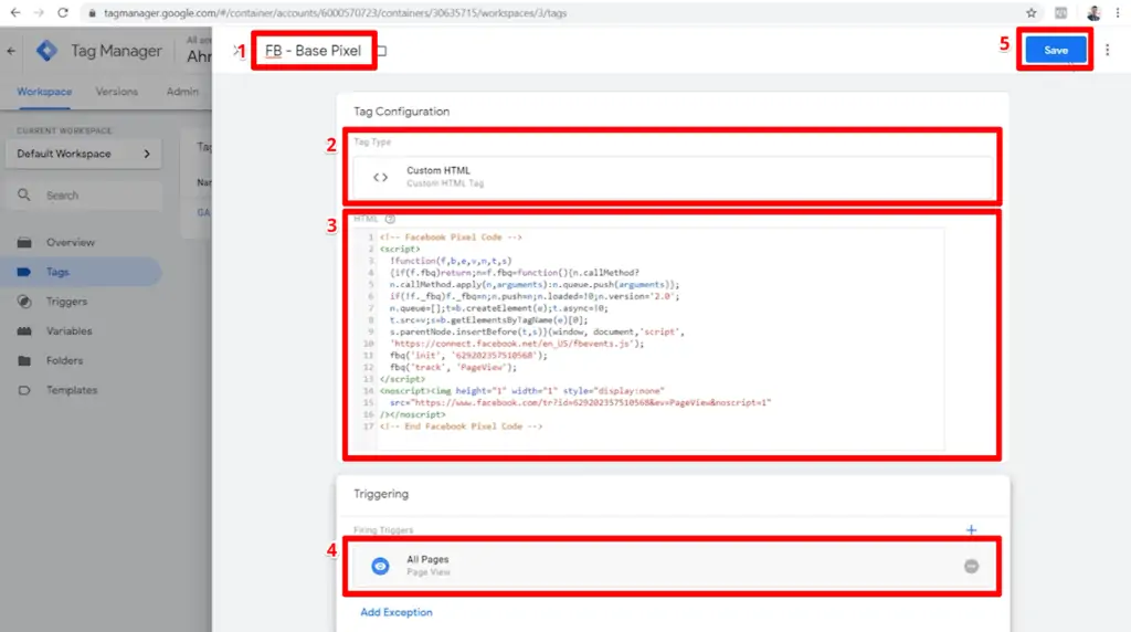 Screenshot of tag configuration with name, type, HTML, and trigger highlighted