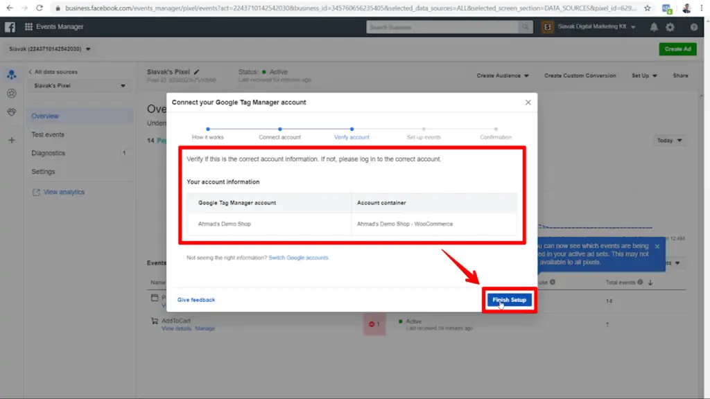 Screenshot of third step in Google Tag Manager connection popup with account, container, and Finish Setup button highlighted