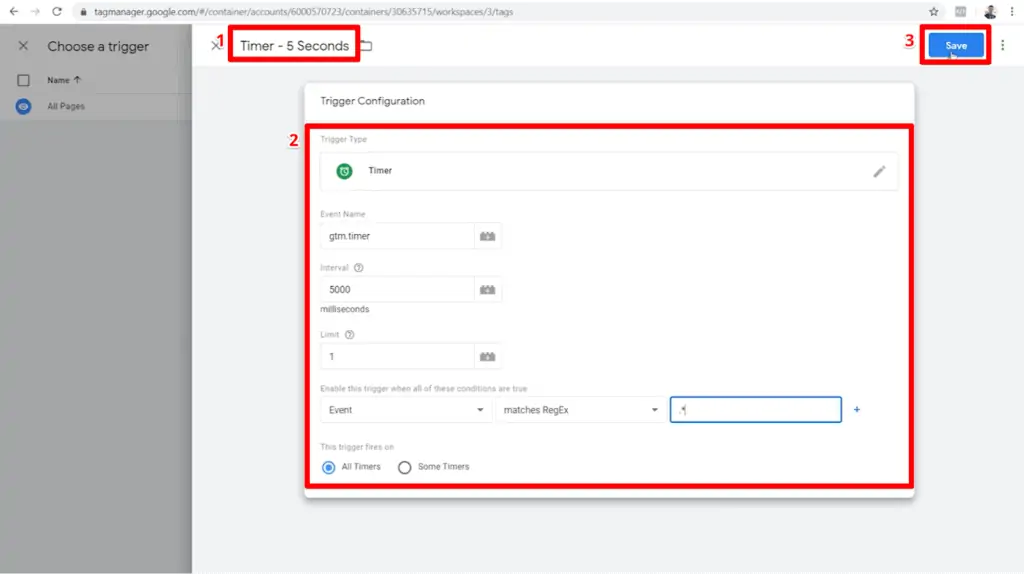 Screenshot of timer trigger configuration with name, configuration settings, and Save button highlighted