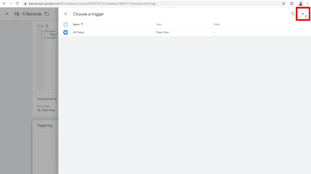 Screenshot of trigger options with add icon button highlighted