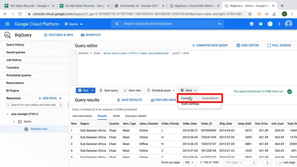 Screenshot of user selecting Format button under More dropdown on Google BigQuery dashboard