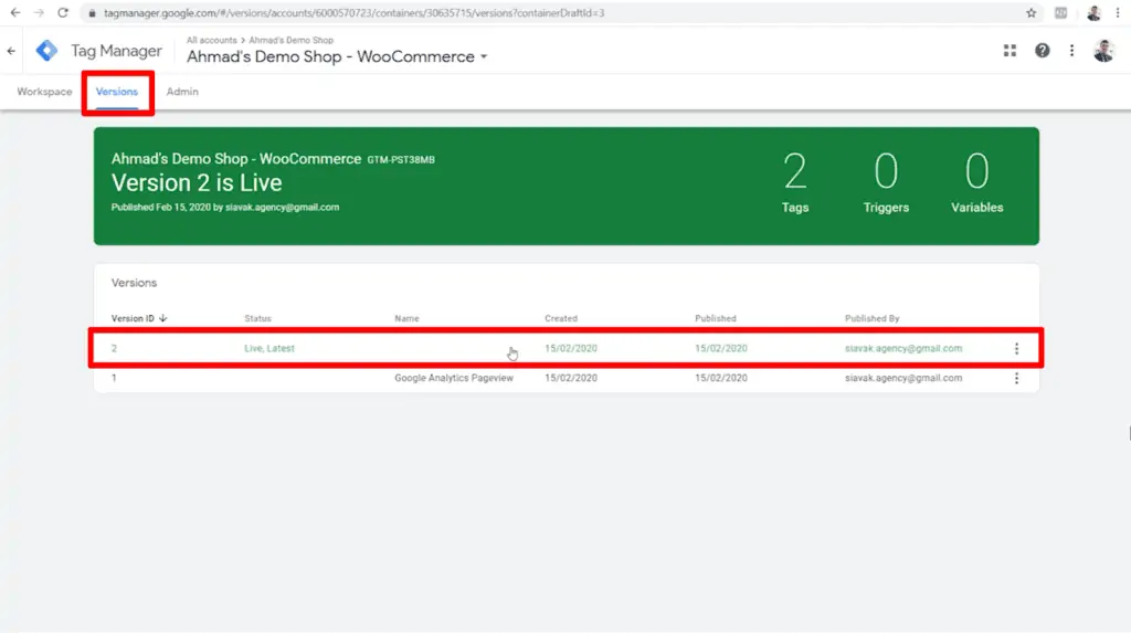 Screenshot of versions in Google Tag Manager, with nameless version 2 highlighted