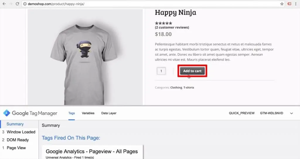 Demo shop page with Add to cart button highlighted
