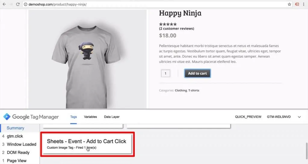 Demo shop page with Sheets - Event - Add to Cart Click in Google Tag Manager