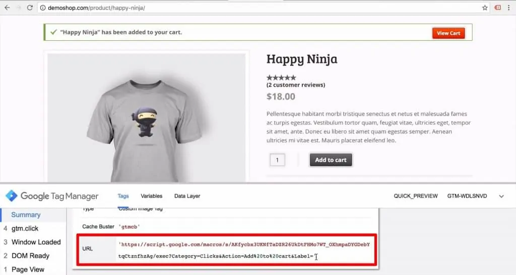 Demo shop with URL in Google Tag Manager highlighted