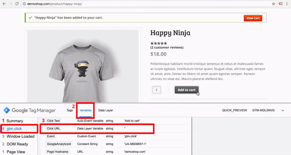 Demo shop with gtm.click, Variables, and Click URL highlighted