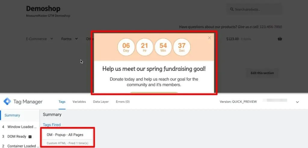Demo website in GTM Preview and Debug mode with popup Tag fired and popup on website