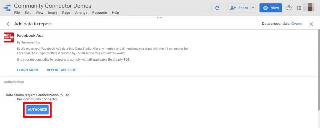 Looker Studio Supermetrics Facebook Ads authorize community connector