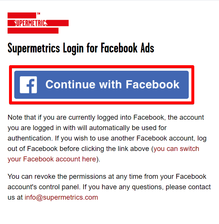 Looker Studio Supermetrics login for Facebook Ads