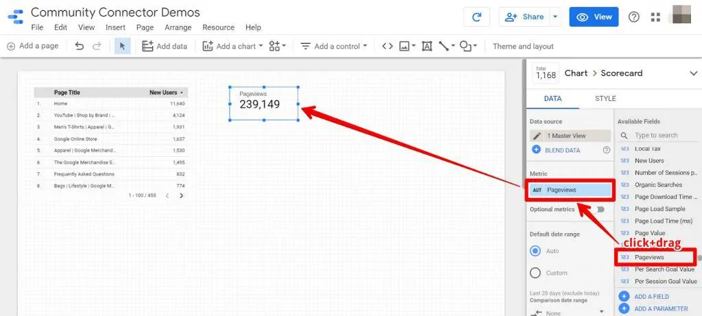 Looker Studio add metric to scorecard