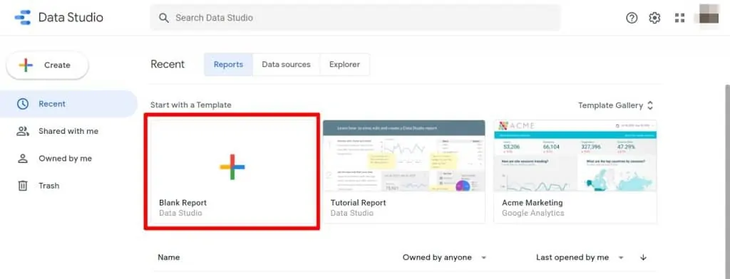 Looker Studio create blank report