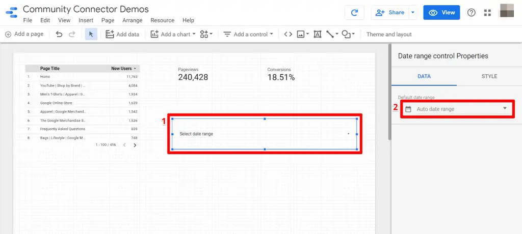 Looker Studio draw date range control and select default date range