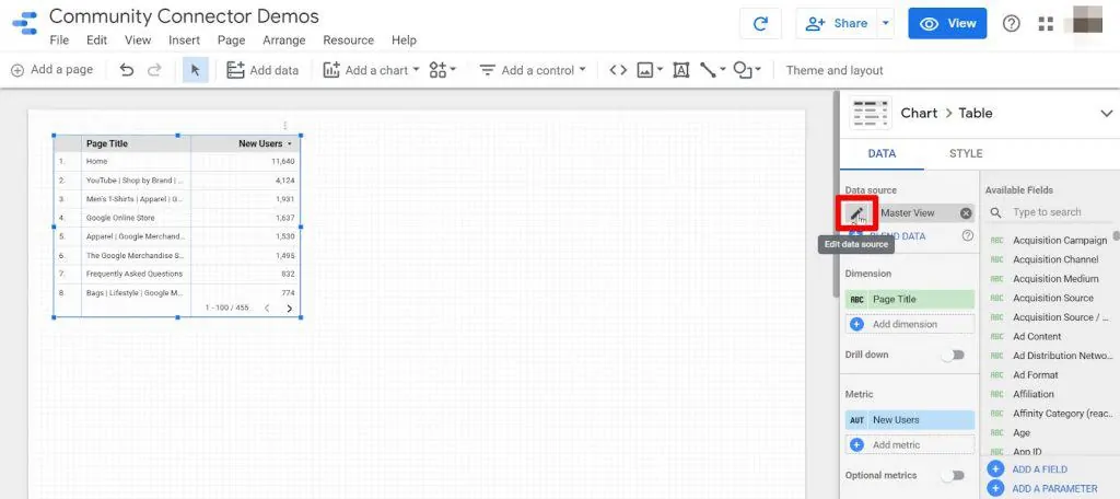 Looker Studio edit data source