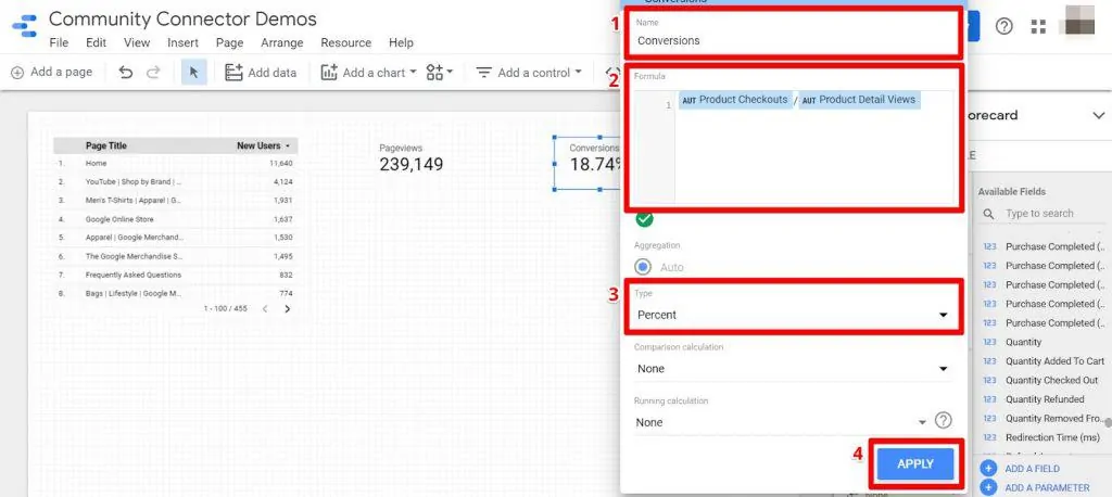 Looker Studio formula editor to create custom metric