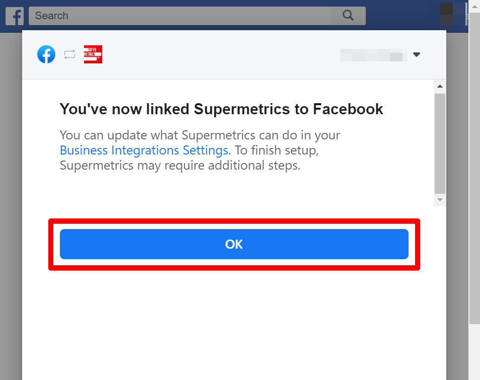 The confirmation popup for linking supermetrics to facebook