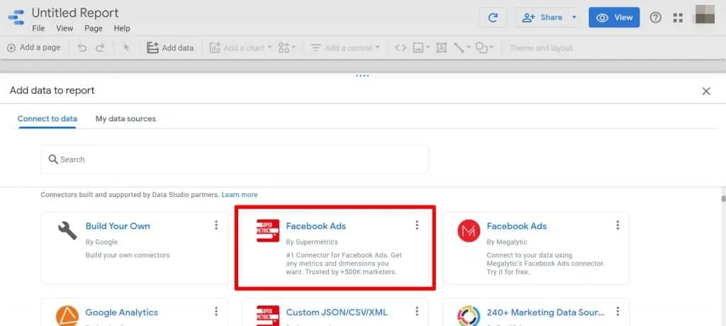 Looker Studio select Supermetrics Facebook Ads Connector