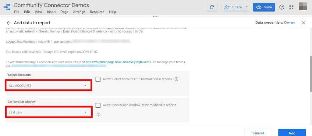 Looker Studio select accounts and conversion window
