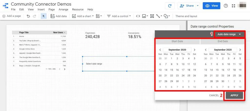Looker Studio select date range for data