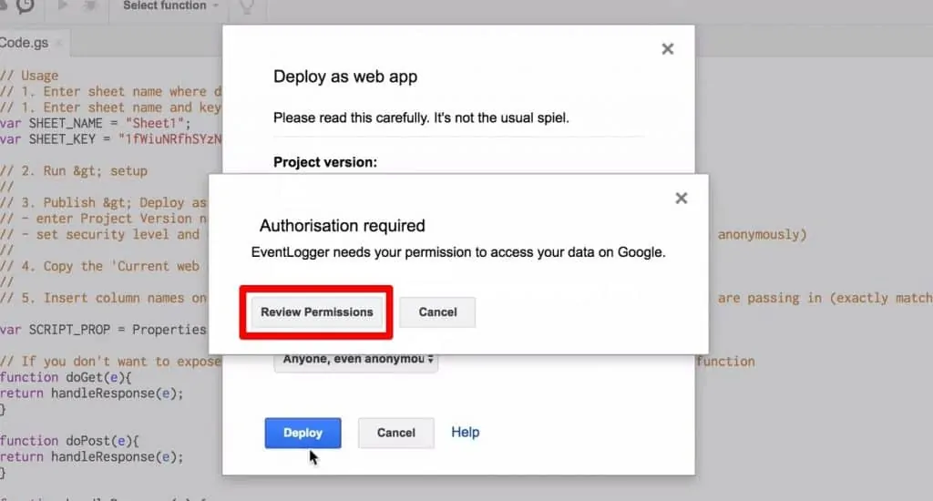 Google Scripts Authorization required popup with Review Permissions button highlighted