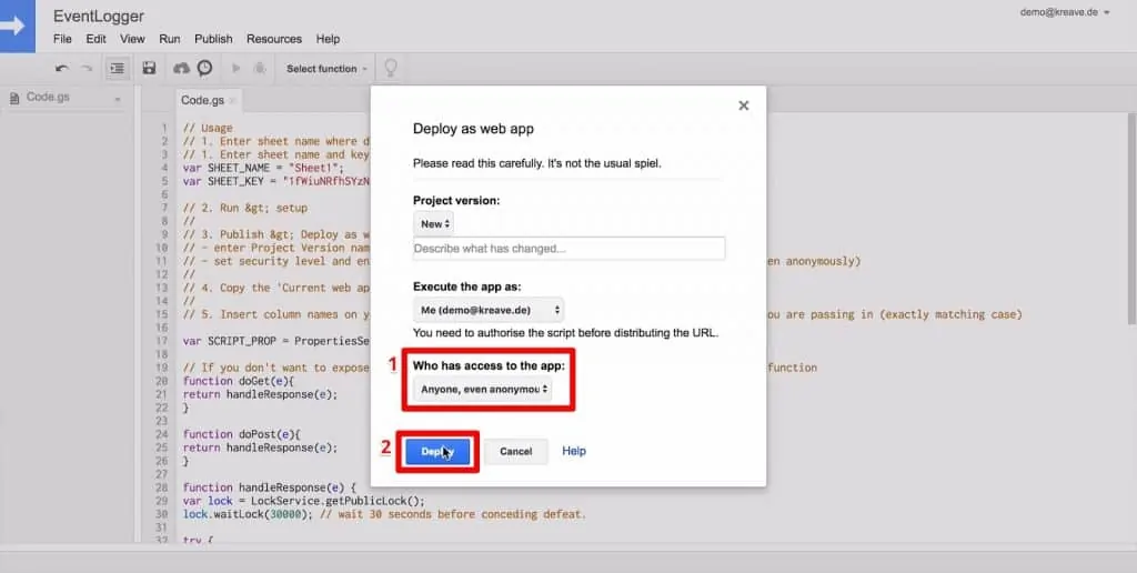 Google Scripts Deploy as web app popup with access permissions and Deploy button highlighted