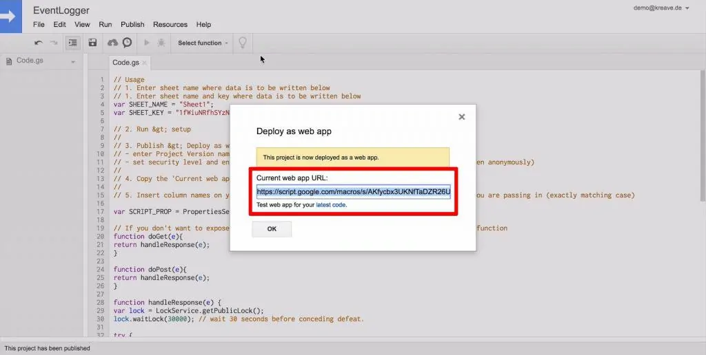 Google Scripts Deploy as web app popup with app URL highlighted
