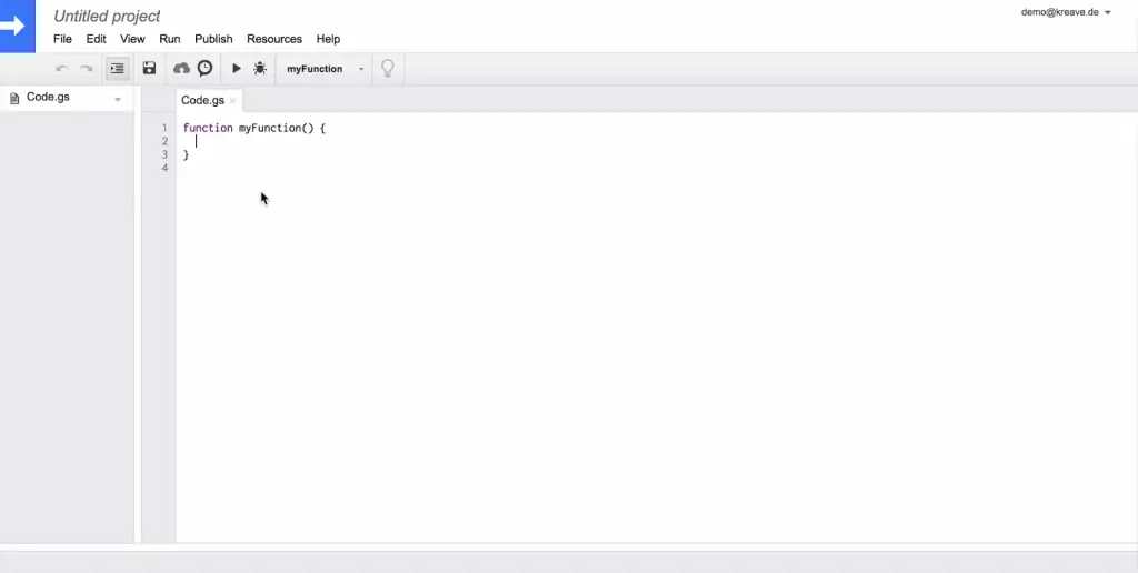 Google Scripts new project with placeholder script