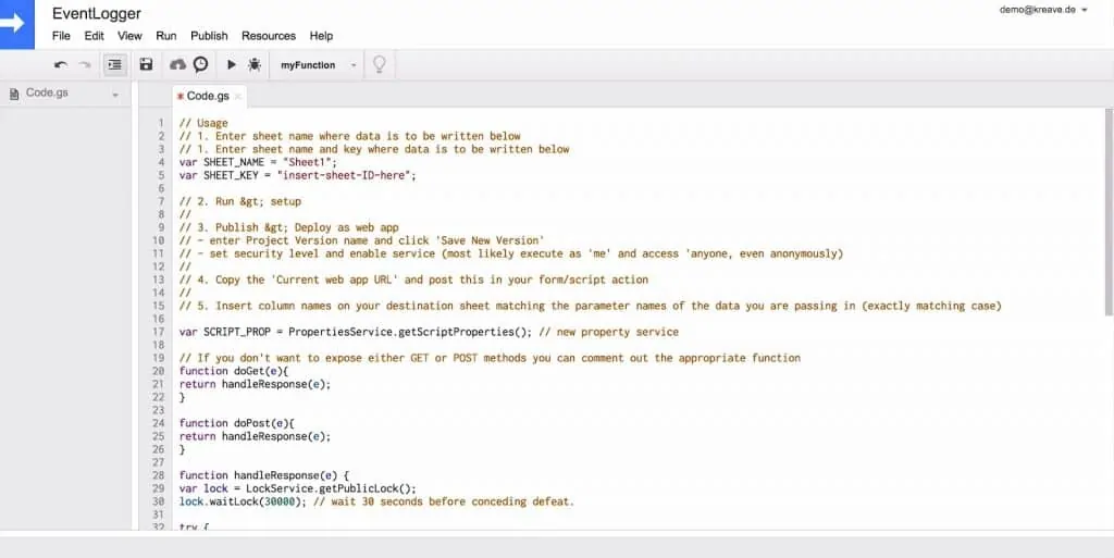 Google Scripts project titled EventLogger with script for pulling data from Google Tag Manager to Google Sheets