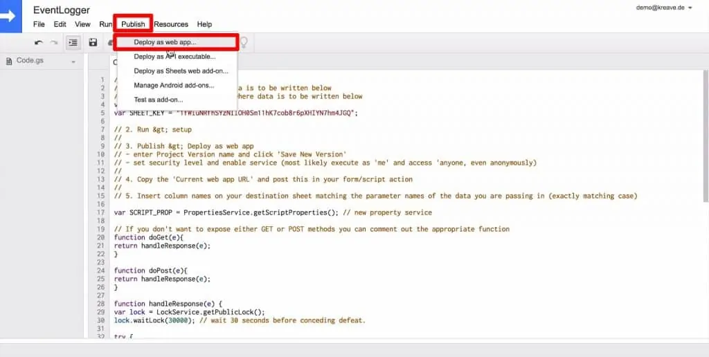 Google Scripts project with Publish and Deploy as web app highlighted