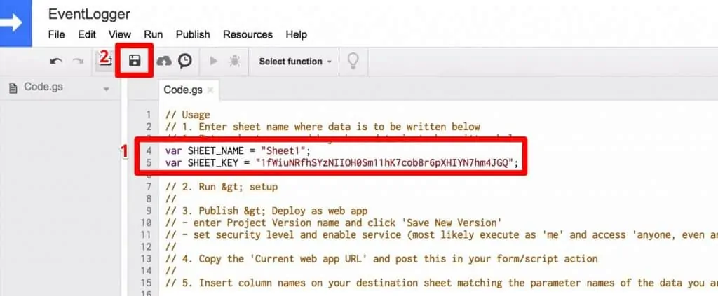 Google Scripts project with sheet name and sheet ID script highlighted, save icon highlighted