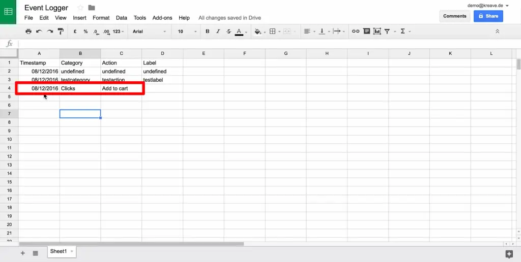 Google Sheet new data row with Timestamp, Category, and Action columns dynamically filled and empty Label column
