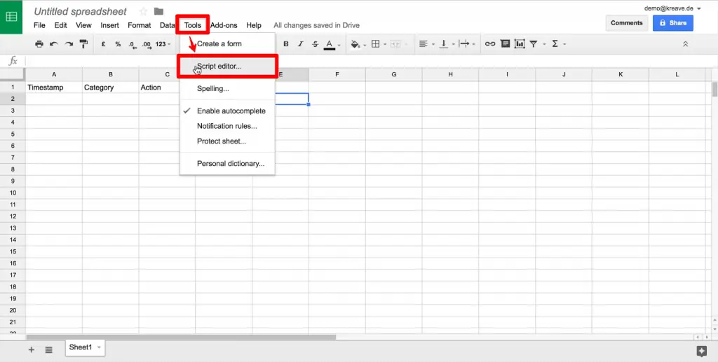 Google Sheet with Tools dropdown and Script editor option highlighted