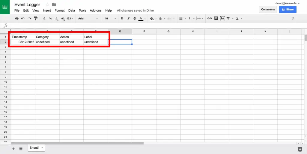 Google Sheet with new data line highlighted, with Category, Action, and Label listed as undefined