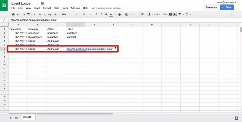Google Sheet with new data row, with all columns filled dynamically from Google Tag Manager