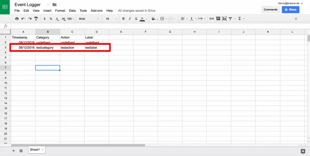 Google Sheet with new line of data with values testcategory, testaction, and testlabel