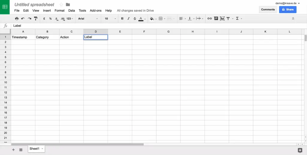 Google Sheets plain sheet with columns labeled Timestamp, Category, Action, and Label