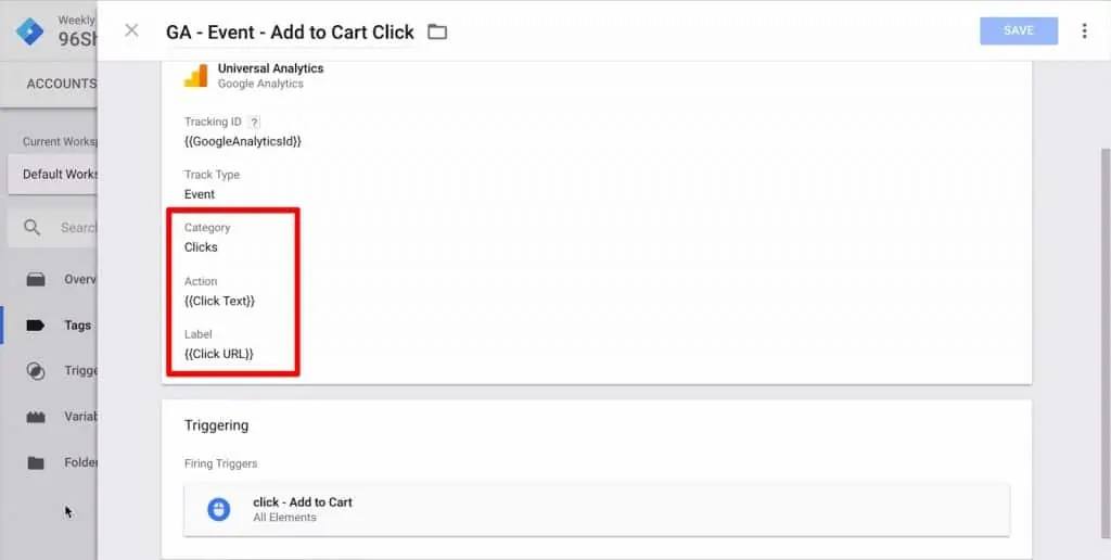 Google Tag Manager event with Category, Action, and Label fields highlighted