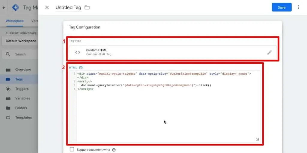Google Tag Manager tag configuration with Custom HTML tag type and HTML field highlighted