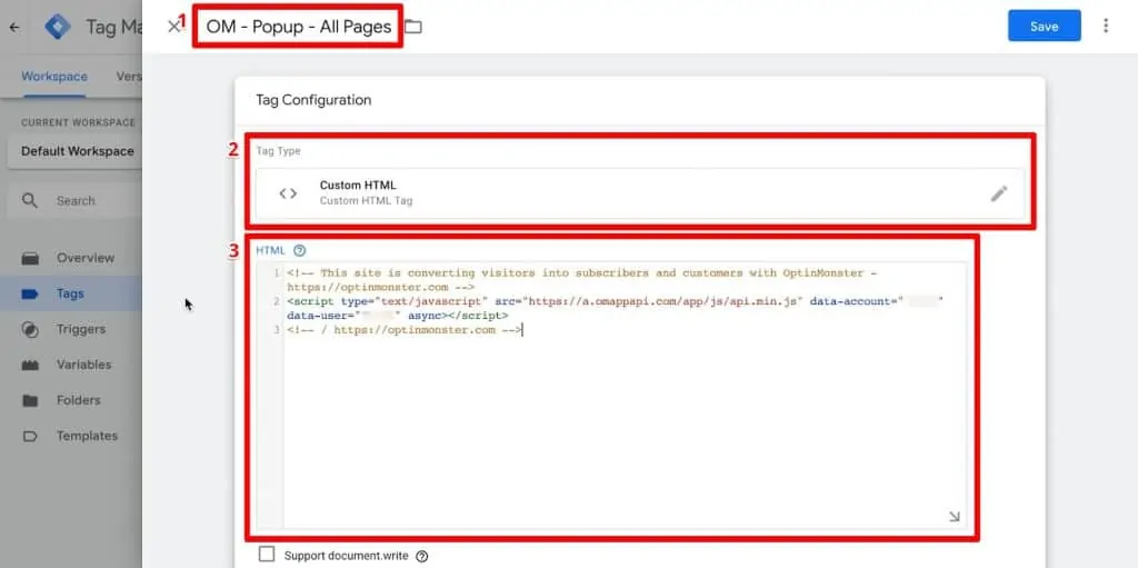Google Tag Manager tag configuration with name, tag type, and custom HTML code highlighted