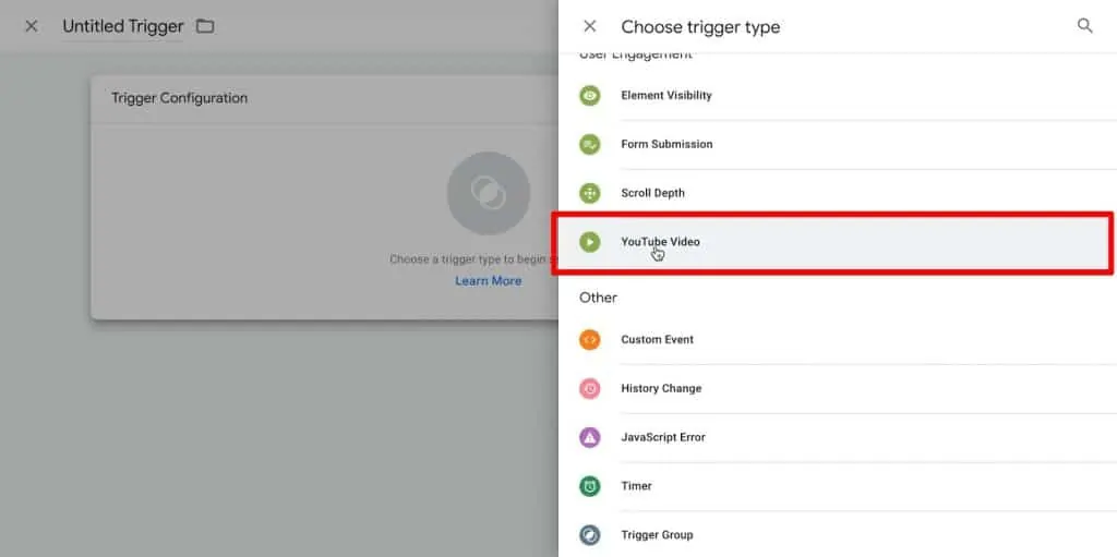 Google Tag Manager trigger configuration with YouTube Video trigger type selected