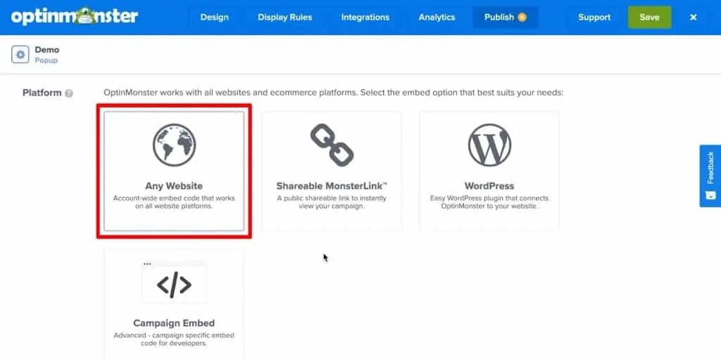 OptinMonster Publish platform settings with Any Website highlighted