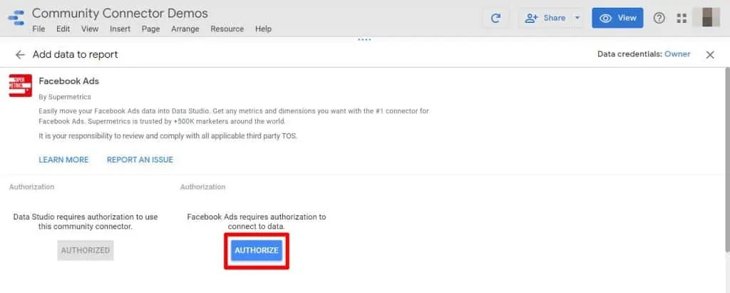 Screenshot of an authorization request to connect to data