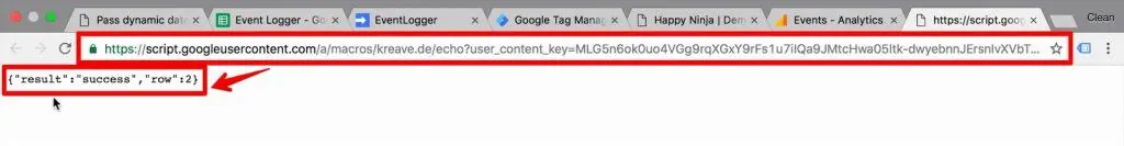 Web app URL pasted in browser with success message highlighted