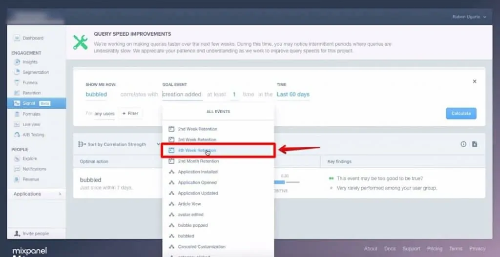 4th Week Retention event being hovered onto on Mixpanel