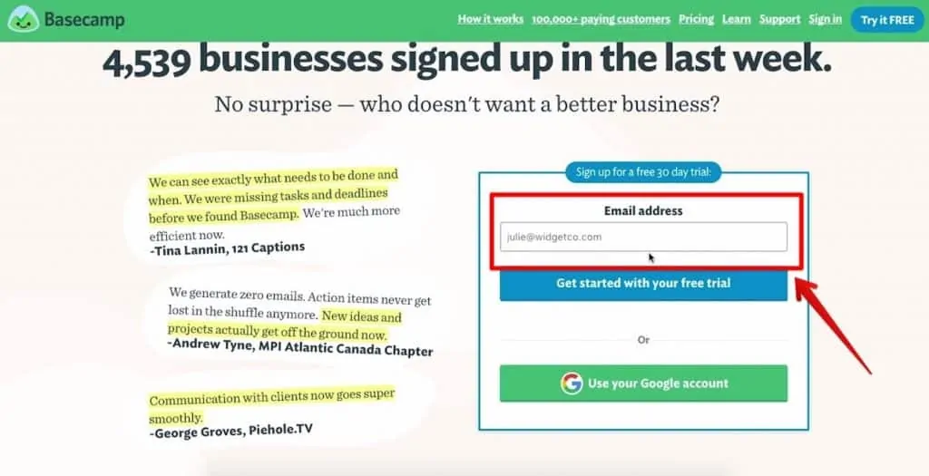 Basecamp’s sign up section with email address form field highlighted