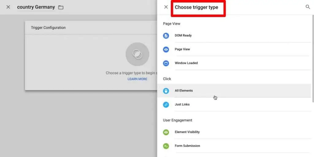 Choosing trigger type in Google Tag Manager